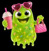 Grünes, glibberiges Monster mit großen Augen, herzförmiger Sonnenbrille, das einen pinken Milchshake und eine pinke Handtasche hält